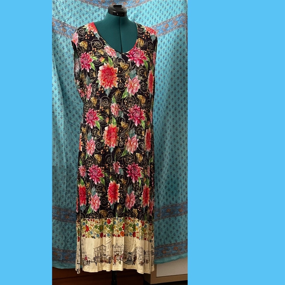 Johnny Was Black Maxi Dress with Pink Floral Design
